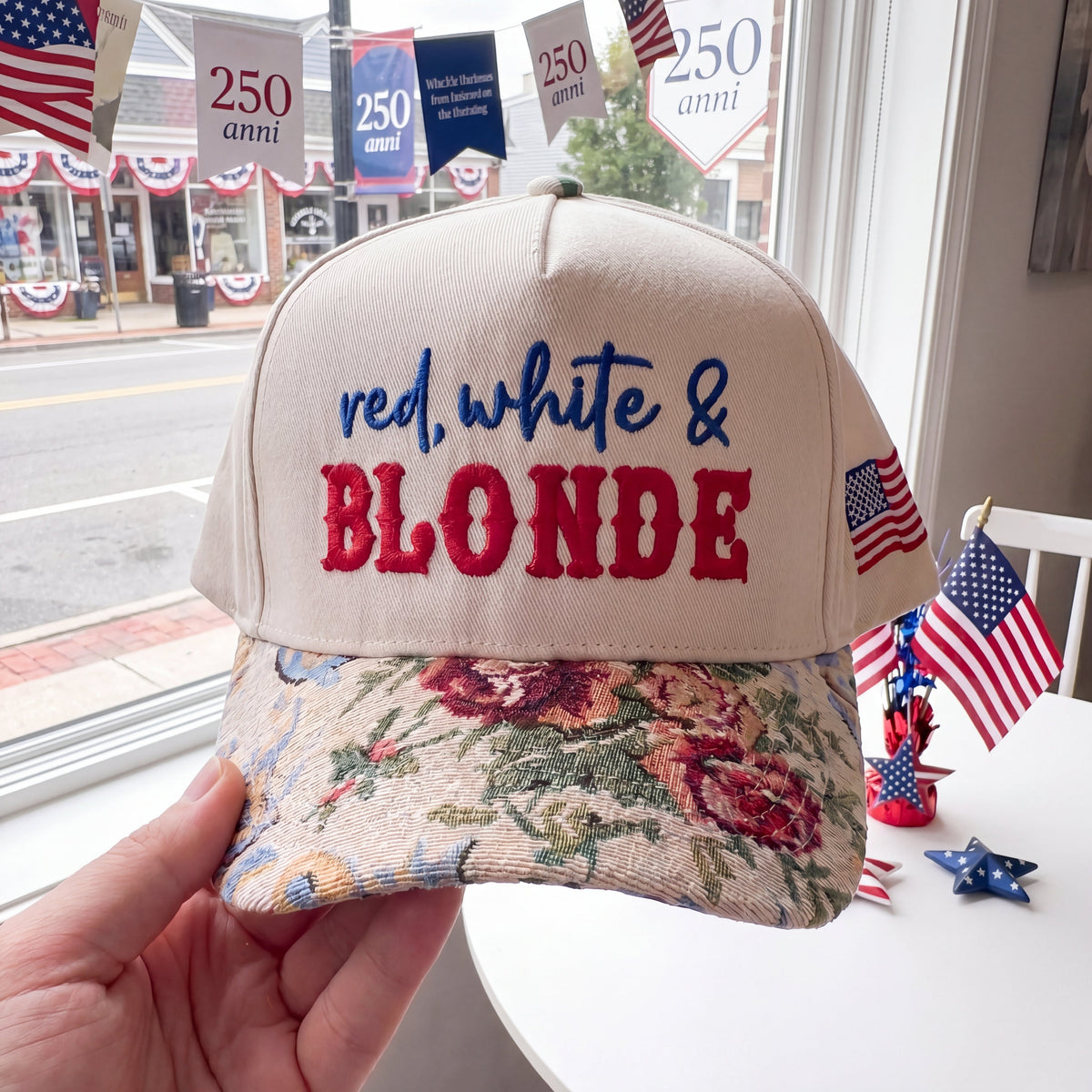 Red, White And Blonde FLoral Hat