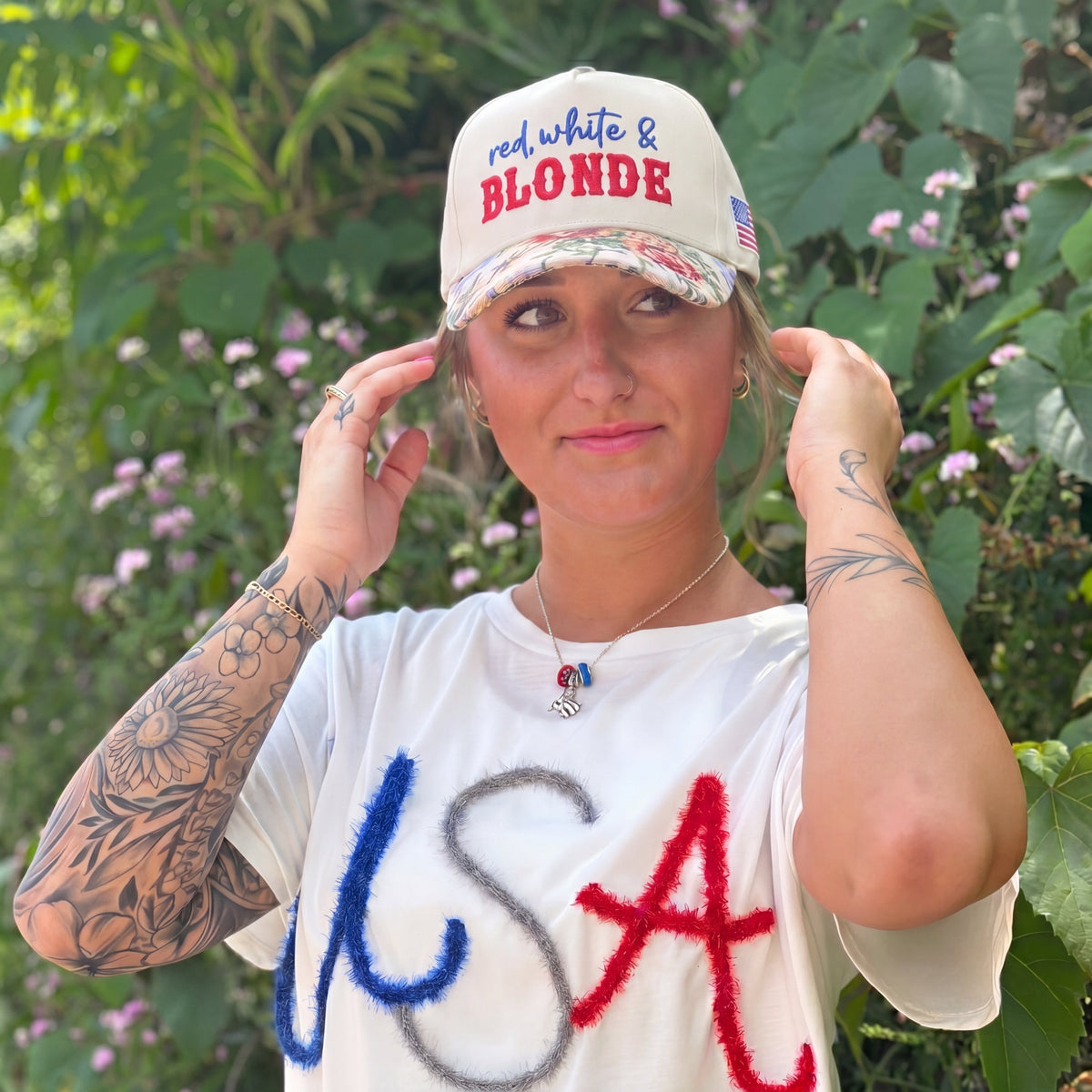 Red, White And Blonde FLoral Hat
