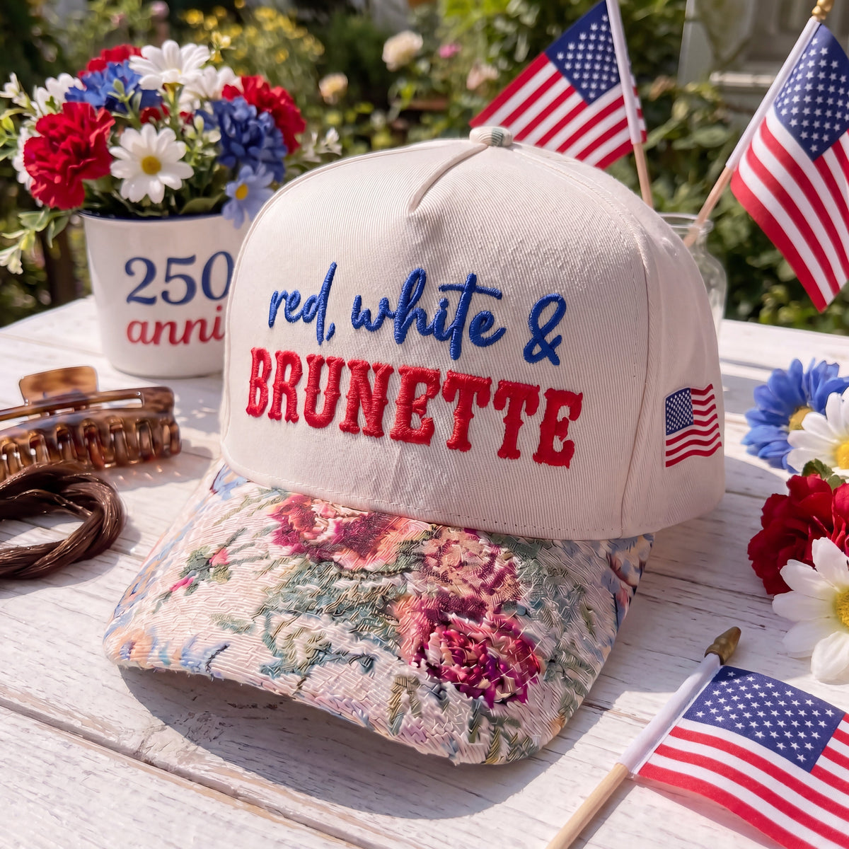 Red, White And Brunette FLoral Hat