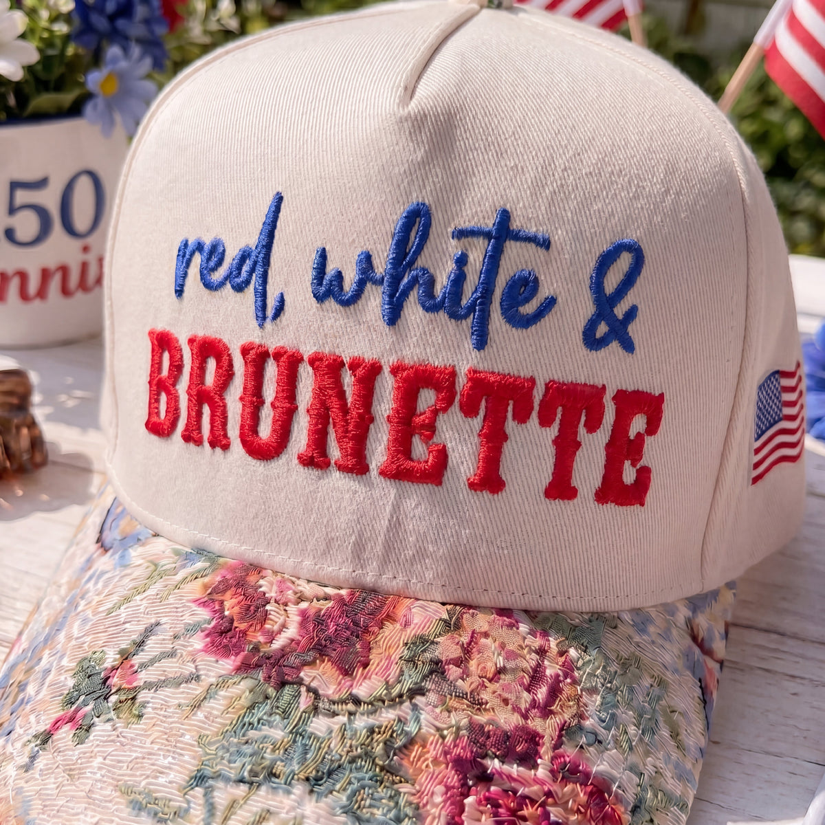 Red, White And Brunette FLoral Hat