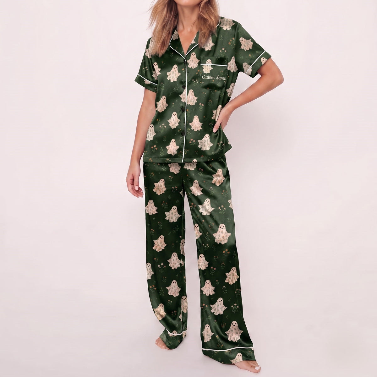 Green Ghost Satin Pajamas Embroidery