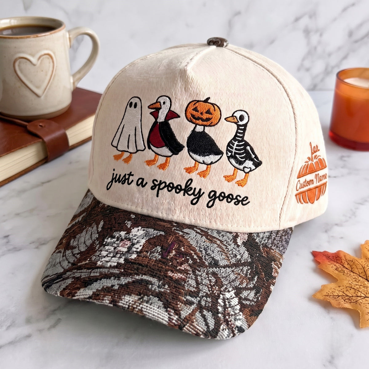 Spooky Goose Pumpkin Tapestry Brim Hat