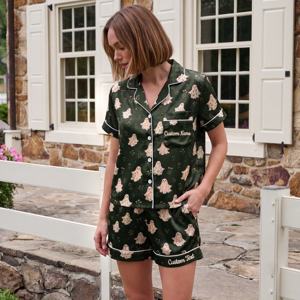 Green Ghost Satin Pajamas Embroidery