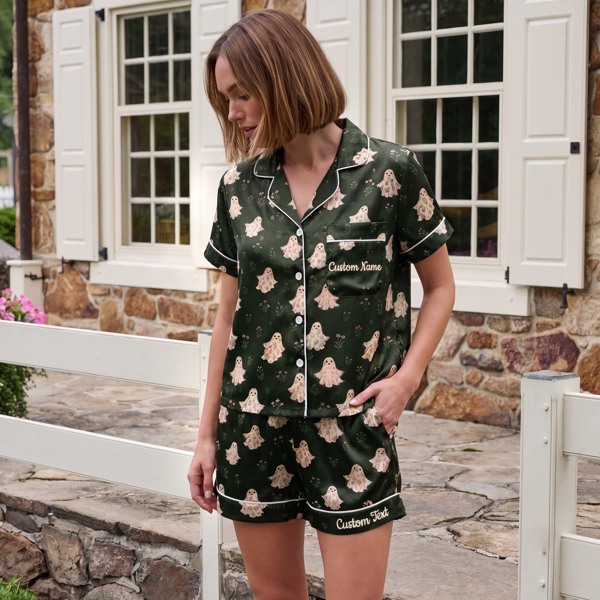 Green Ghost Satin Pajamas Embroidery