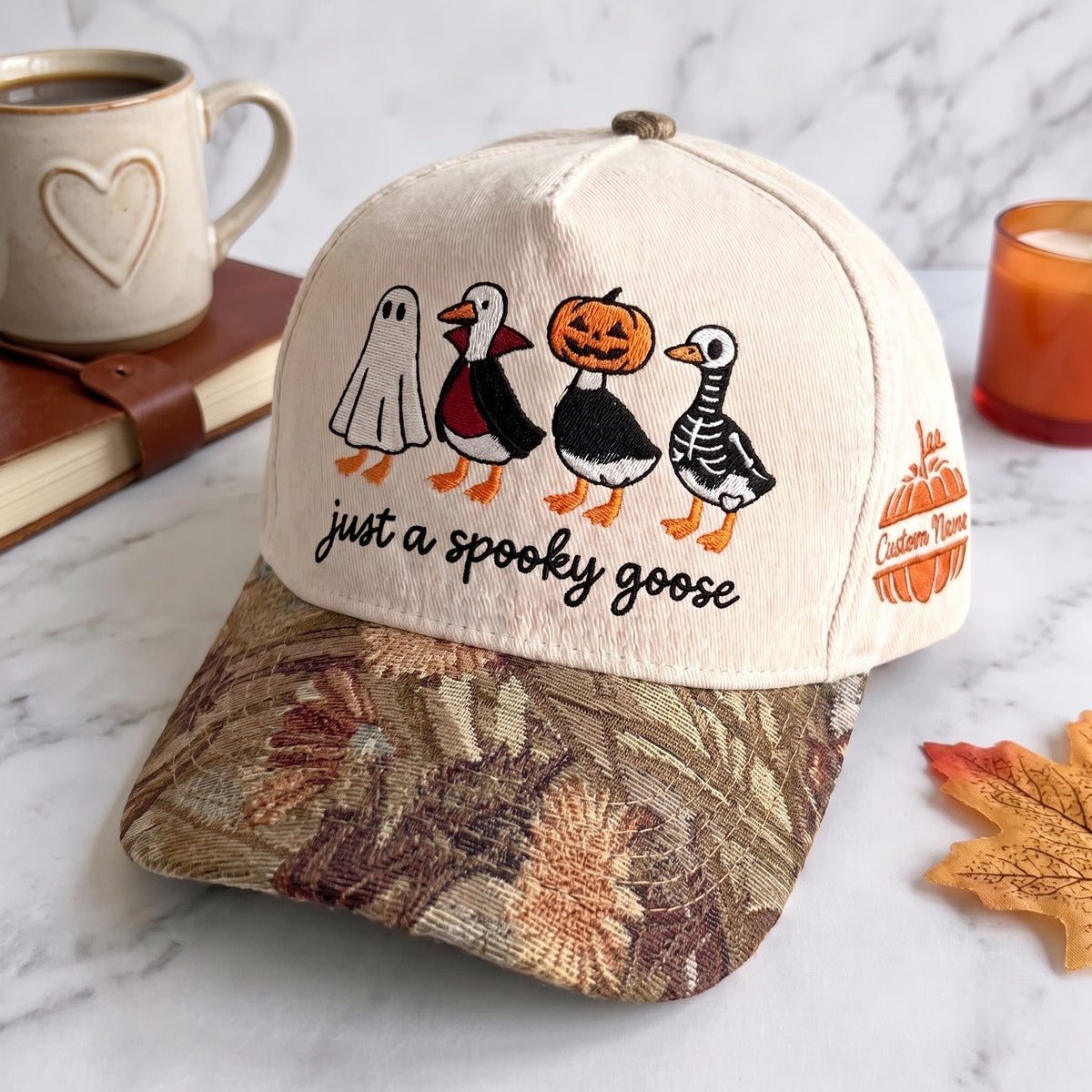 Spooky Goose Pumpkin Tapestry Brim Hat