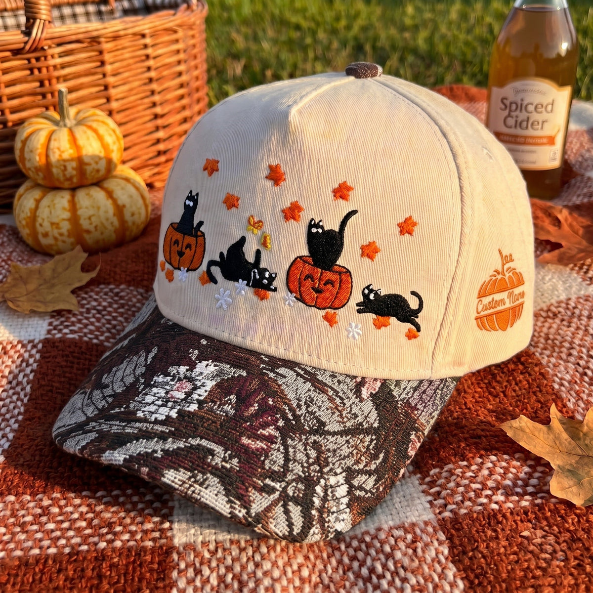 Ghost Black Cat Pumpkin Tapestry Brim Hat