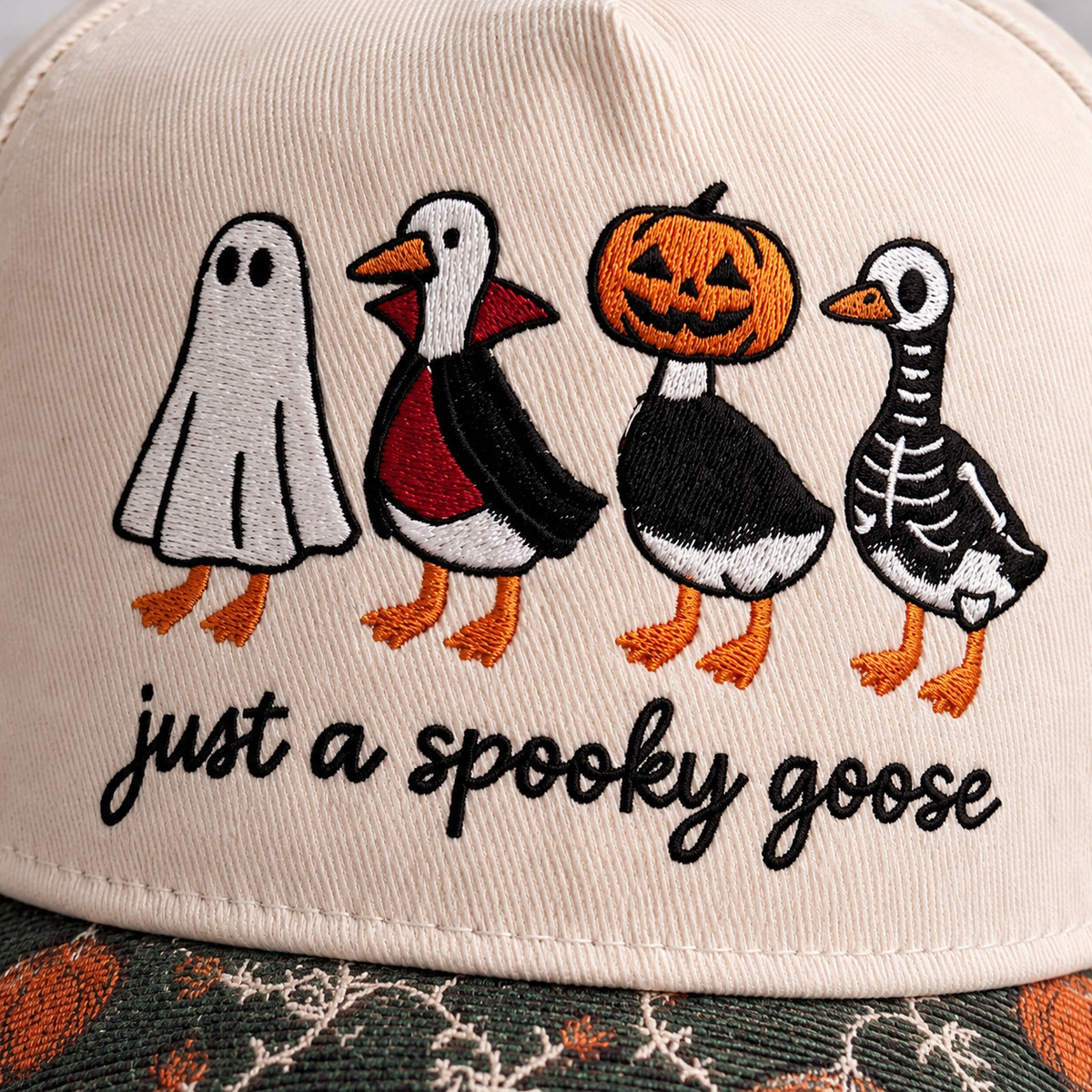 Spooky Goose Pumpkin Tapestry Brim Hat