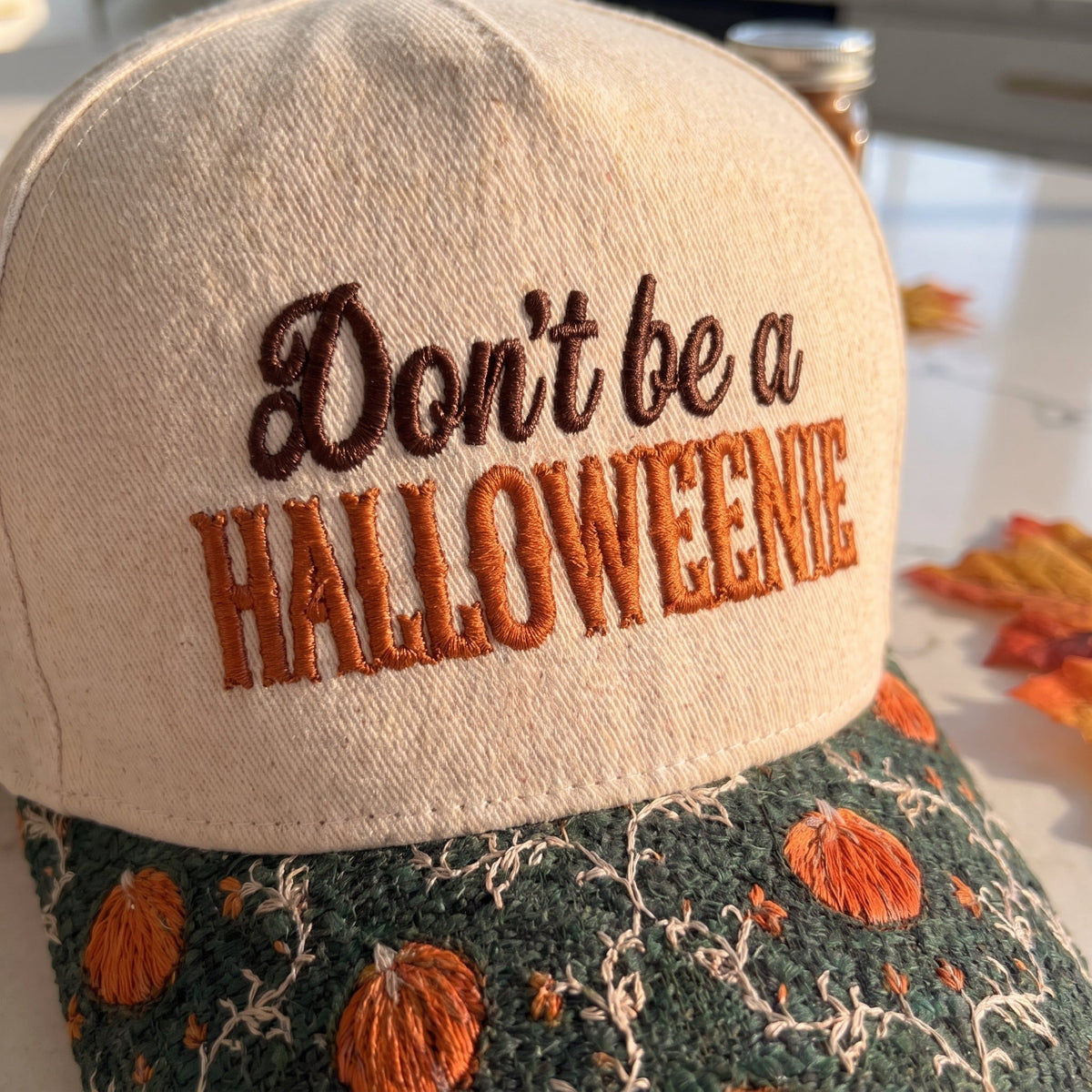 Don't Be A Halloweenie Pumpkin Tapestry Hat