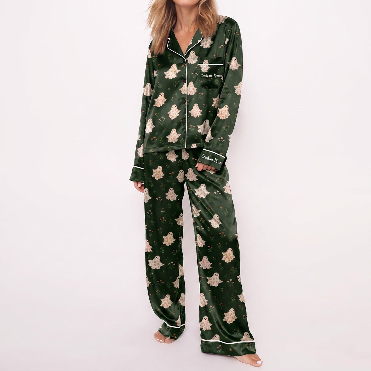 Green Ghost Satin Pajamas Embroidery