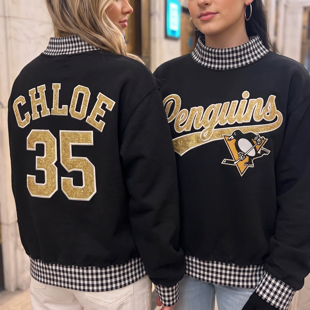 Hockey Appliqué Gingham Mockneck