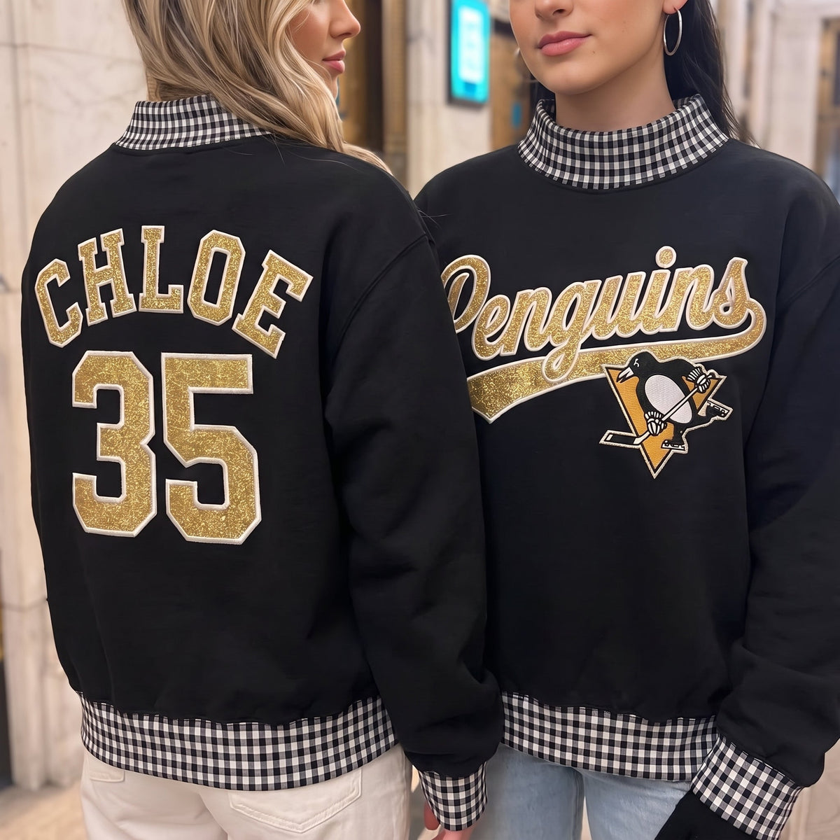 Hockey Appliqué Gingham Mockneck