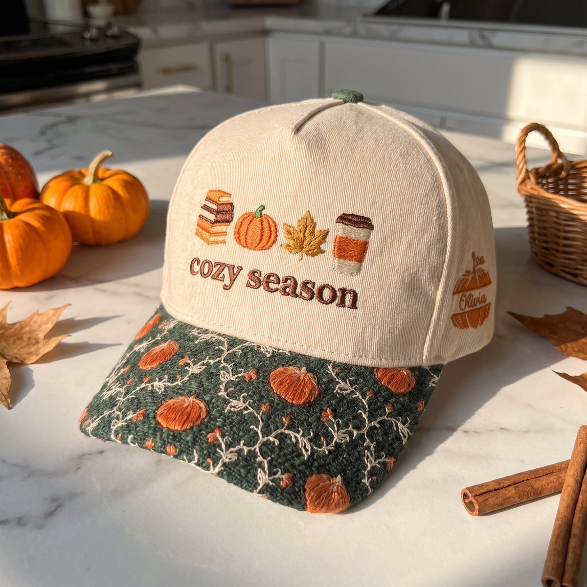 Cozy Season Pumpkin Tapestry Brim Hat