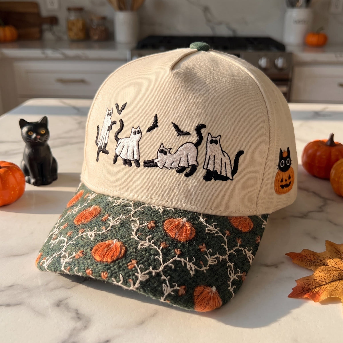 Ghost Black Cat Pumpkin Tapestry Brim Hat