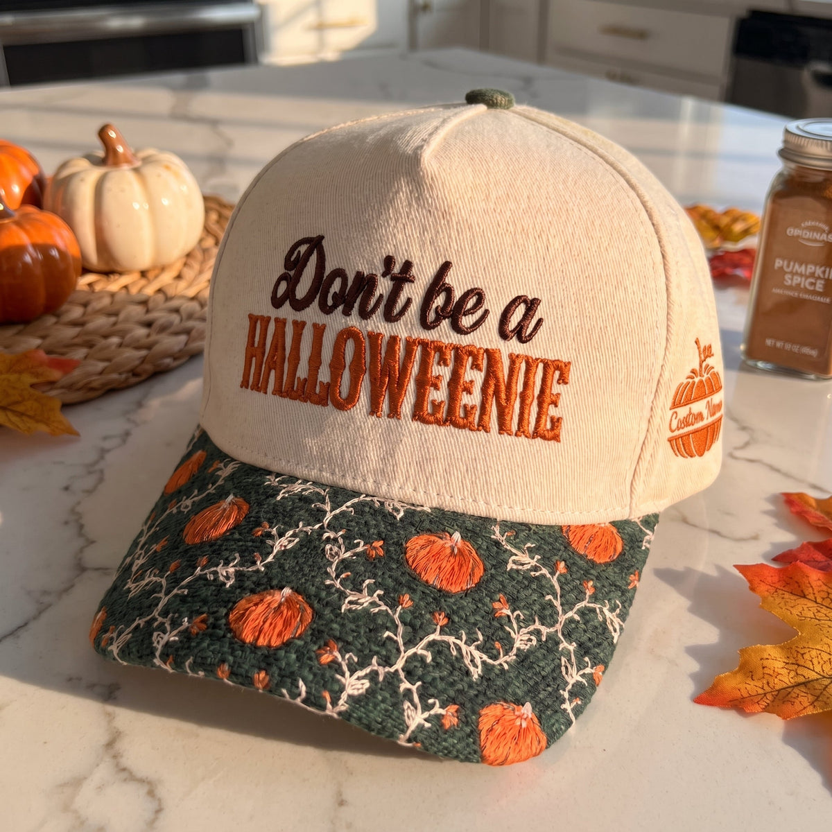 Don't Be A Halloweenie Pumpkin Tapestry Hat
