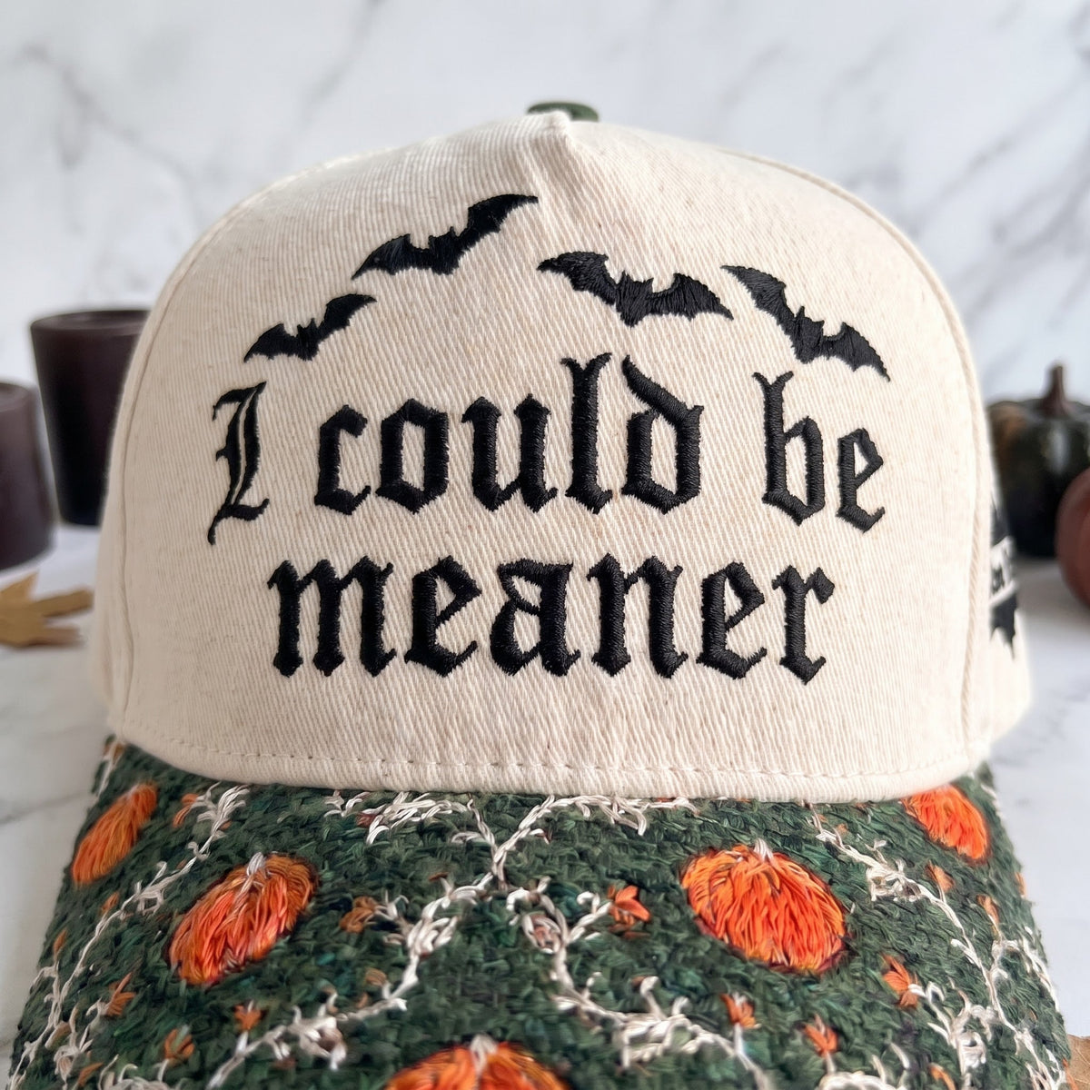 I Could Be Meaner Pumpkin Tapestry Brim Hat