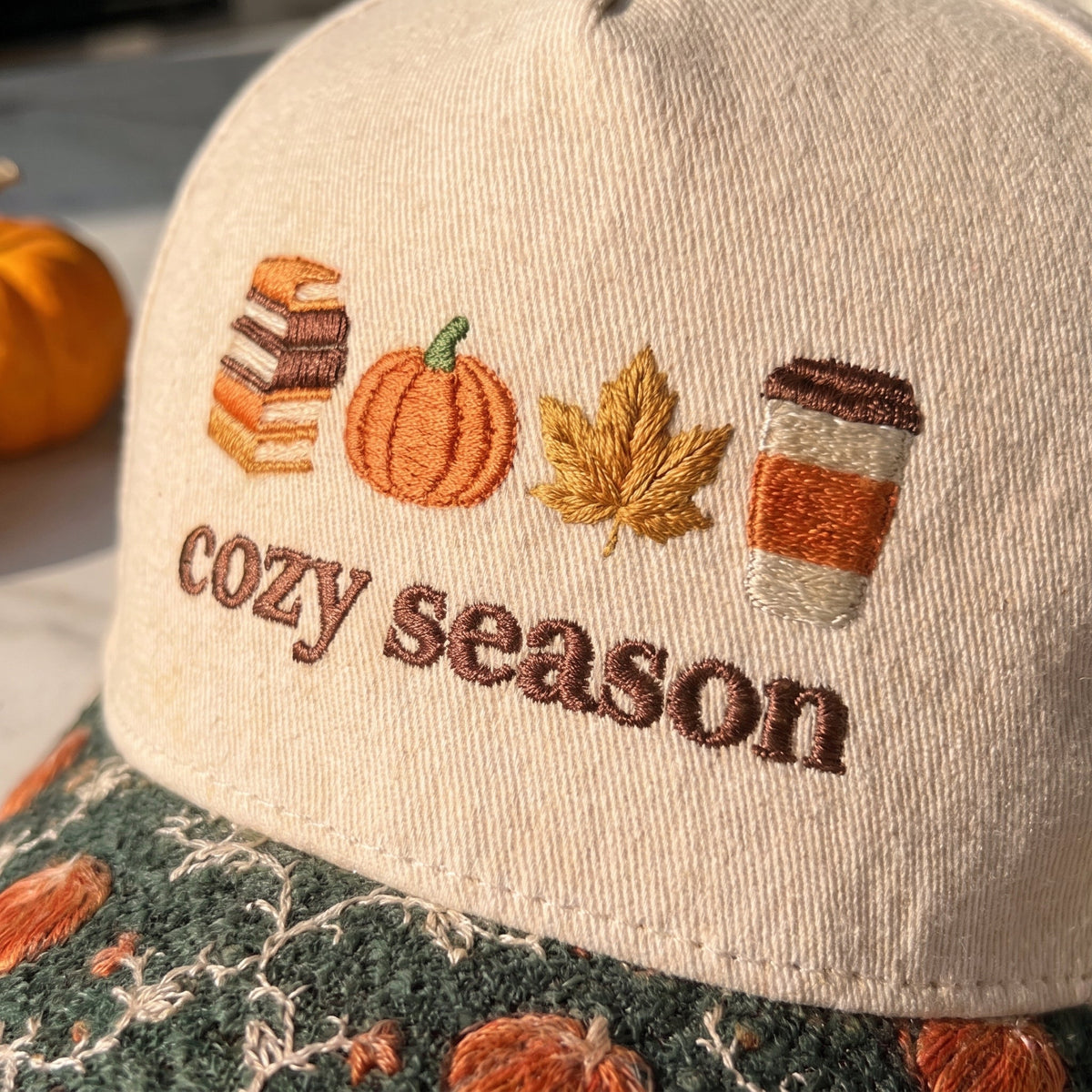 Cozy Season Pumpkin Tapestry Brim Hat