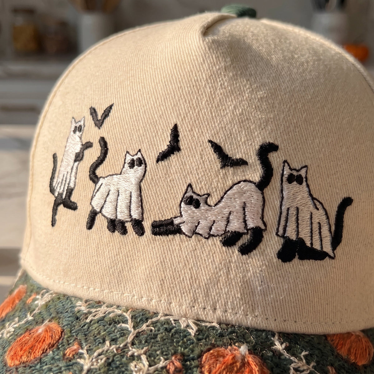 Ghost Black Cat Pumpkin Tapestry Brim Hat