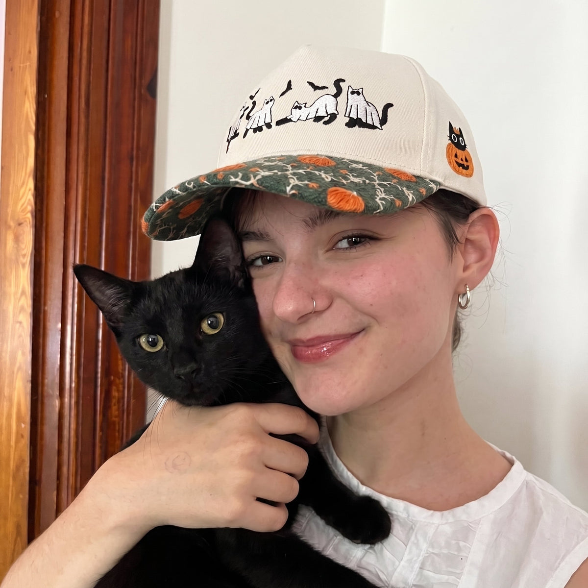 Ghost Black Cat Pumpkin Tapestry Brim Hat