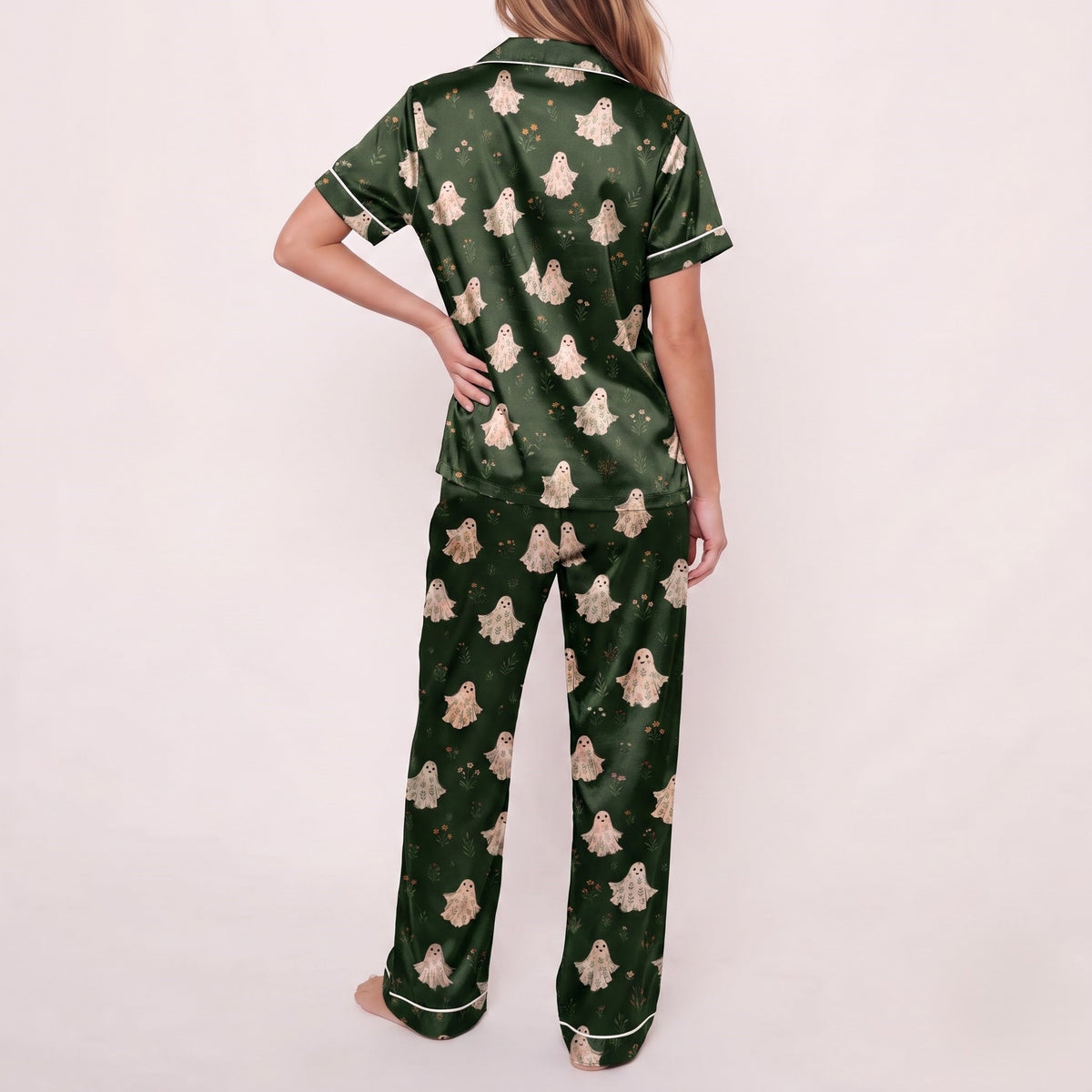 Green Ghost Satin Pajamas Embroidery
