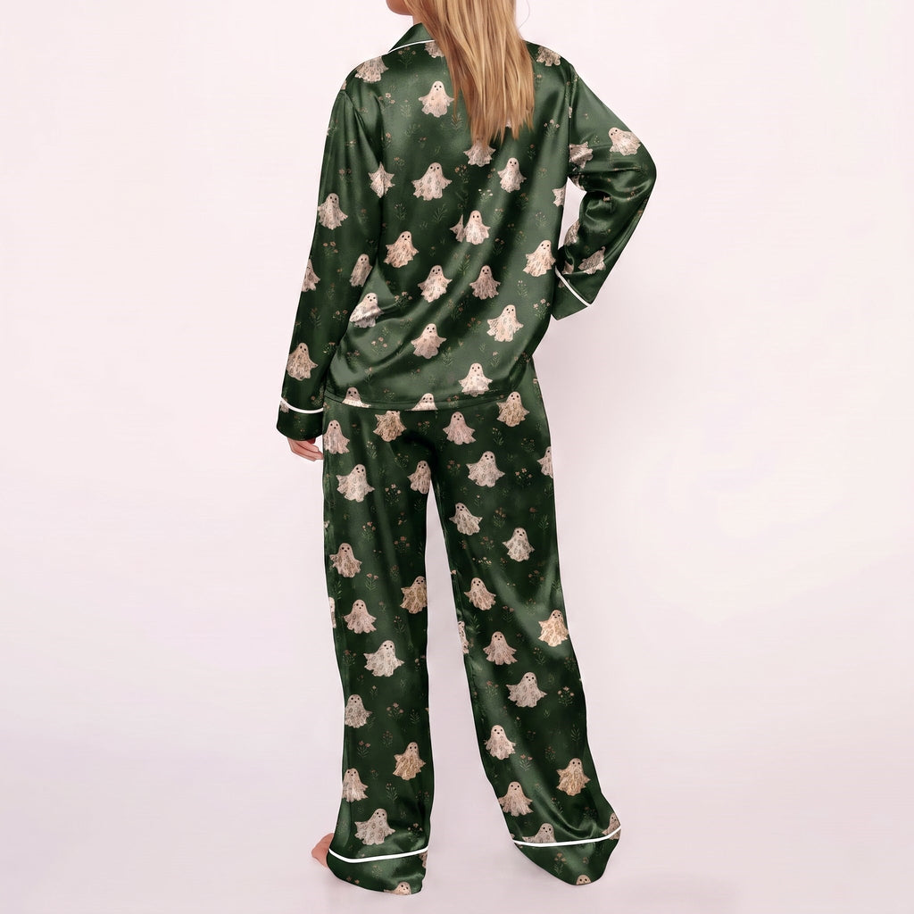 Green Ghost Satin Pajamas Embroidery