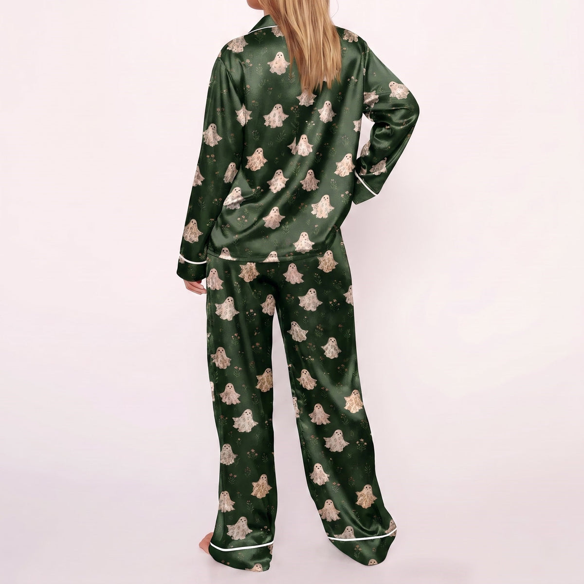 Green Ghost Satin Pajamas Embroidery