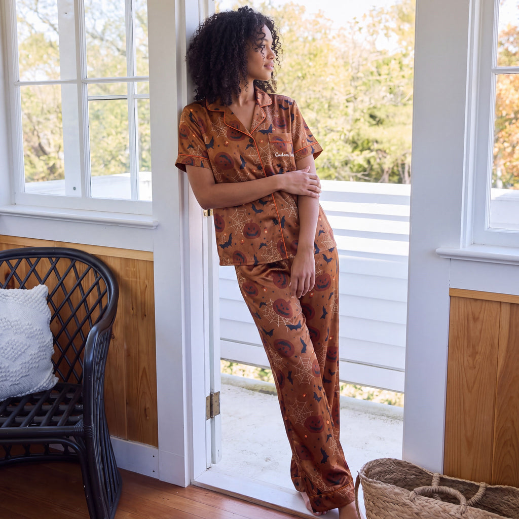 Spooky Pumpkin Satin Pajamas Embroidery