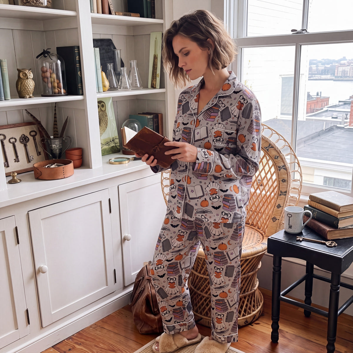 Ghost & Books Satin Pajamas Embroidery