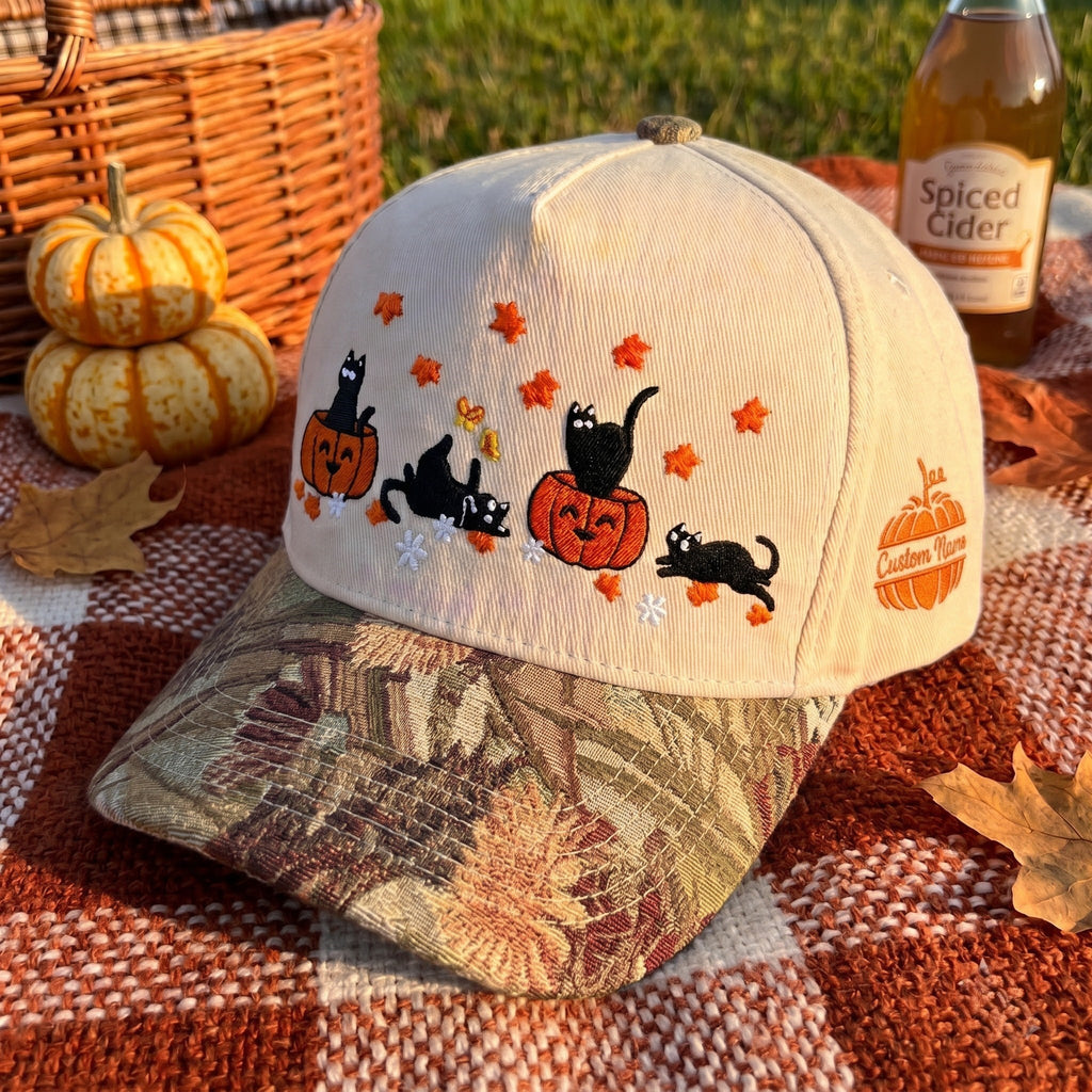 Ghost Black Cat Pumpkin Tapestry Brim Hat