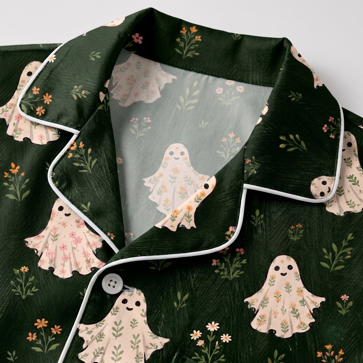 Green Ghost Satin Pajamas Embroidery