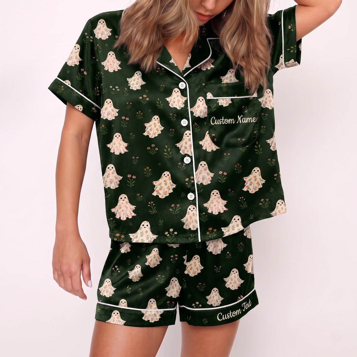 Green Ghost Satin Pajamas Embroidery