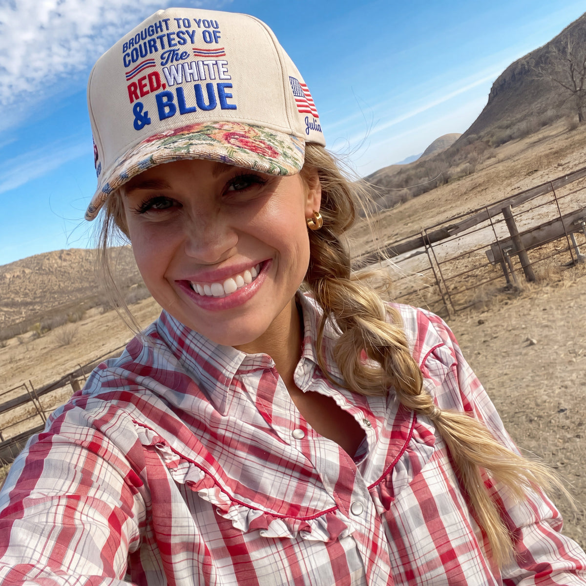 Brought To You Courtesy Of The Red, White and Blue FLoral Hat