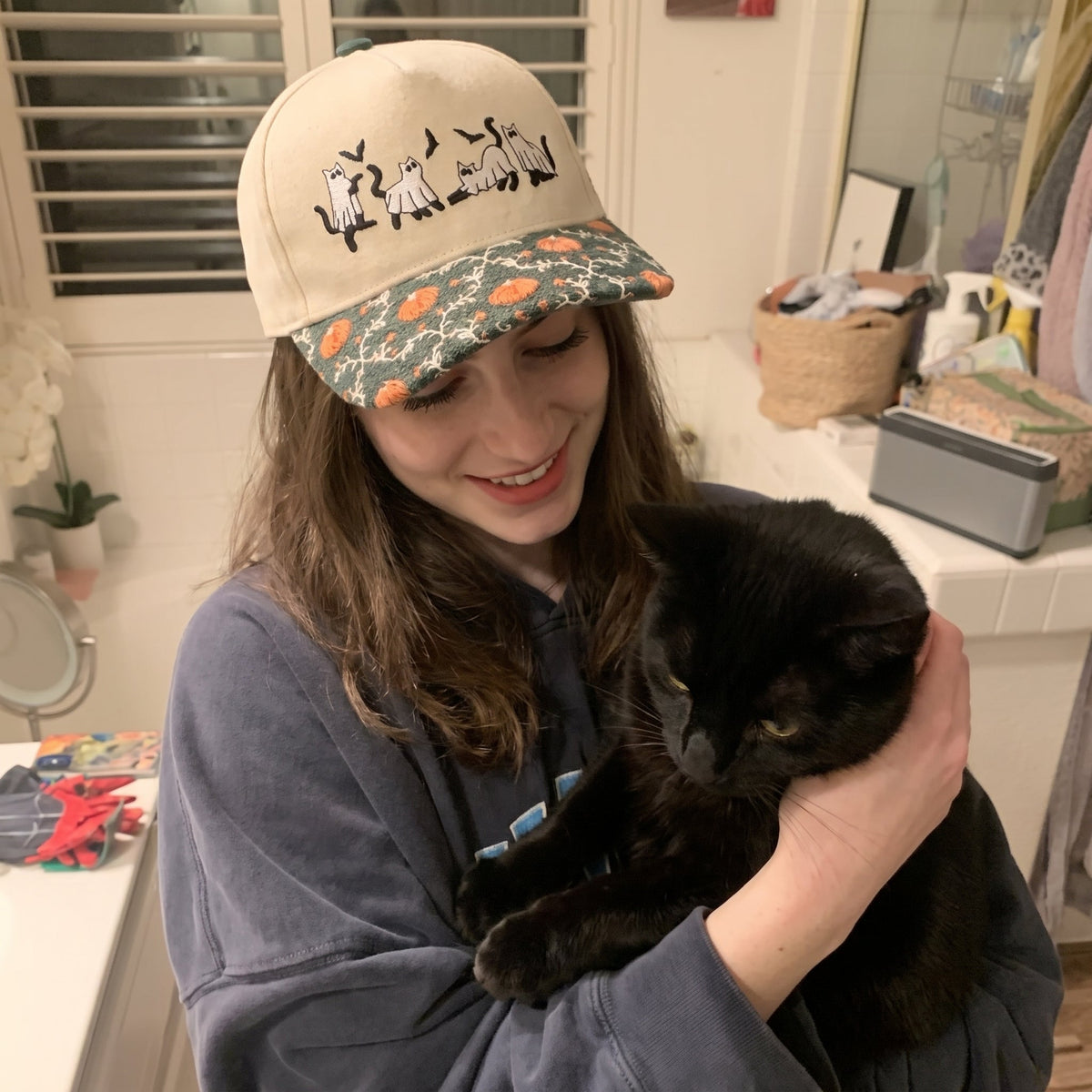 Ghost Black Cat Pumpkin Tapestry Brim Hat
