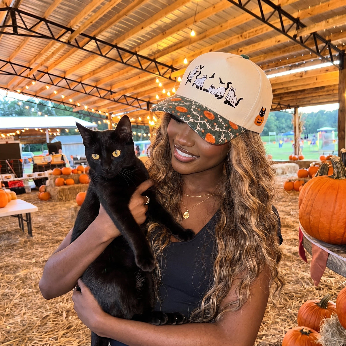 Ghost Black Cat Pumpkin Tapestry Brim Hat