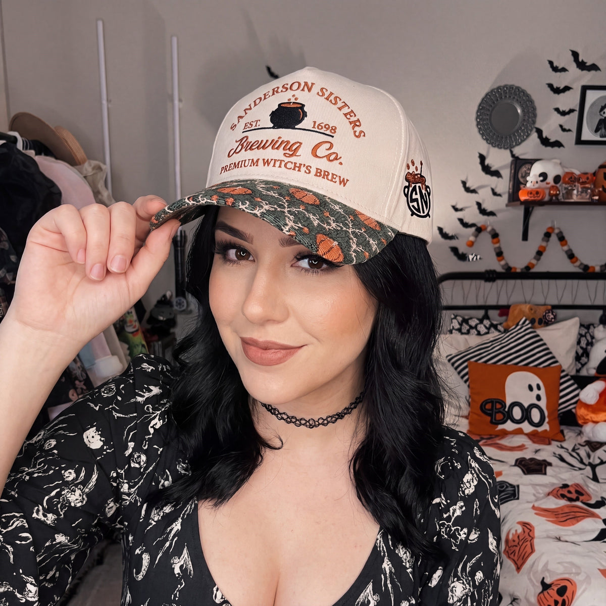 Witch Brewing Pumpkin Tapestry Brim Hat