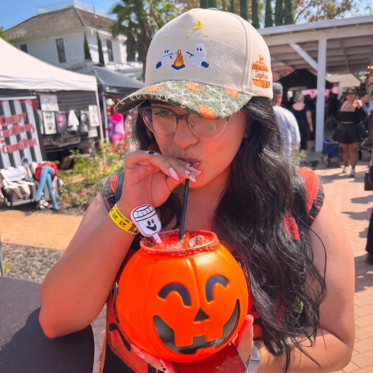 Ghost Campfire Pumpkin Tapestry Brim Hat