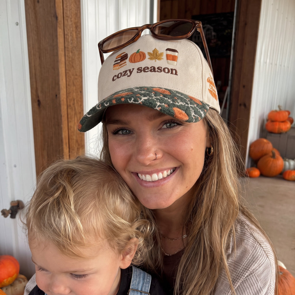 Cozy Season Pumpkin Tapestry Brim Hat