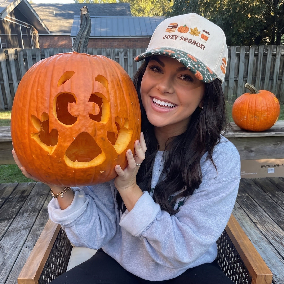 Cozy Season Pumpkin Tapestry Brim Hat