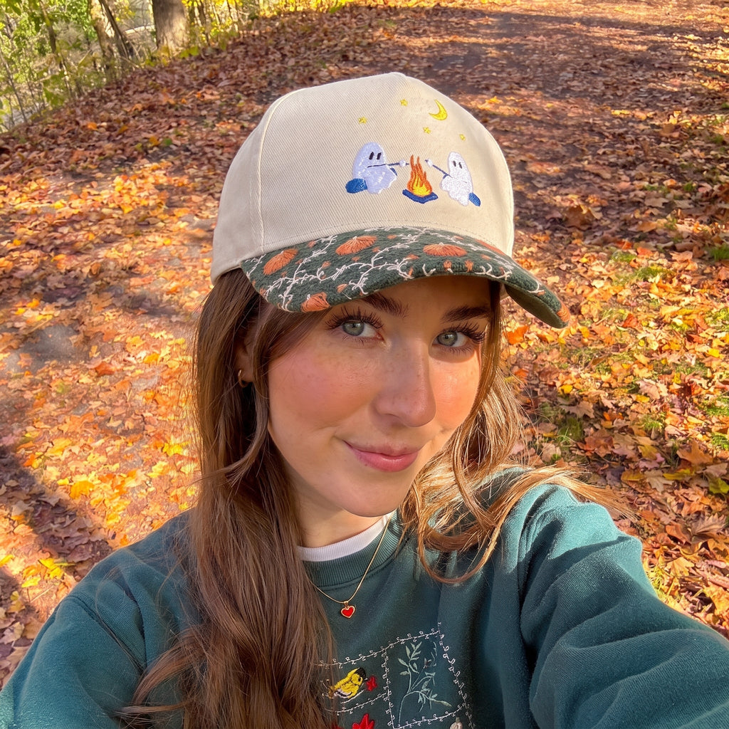 Ghost Campfire Pumpkin Tapestry Brim Hat