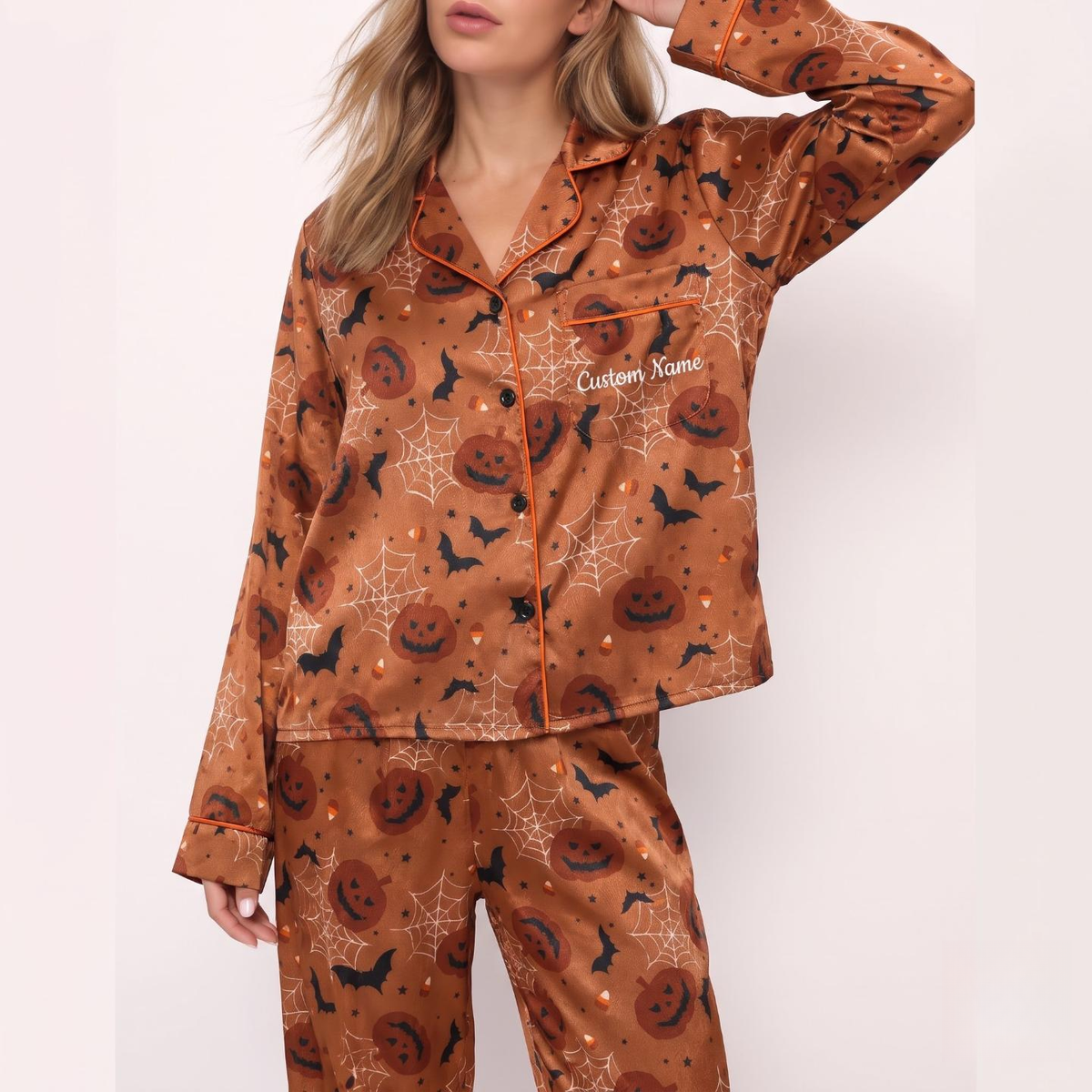 Spooky Pumpkin Satin Pajamas Embroidery
