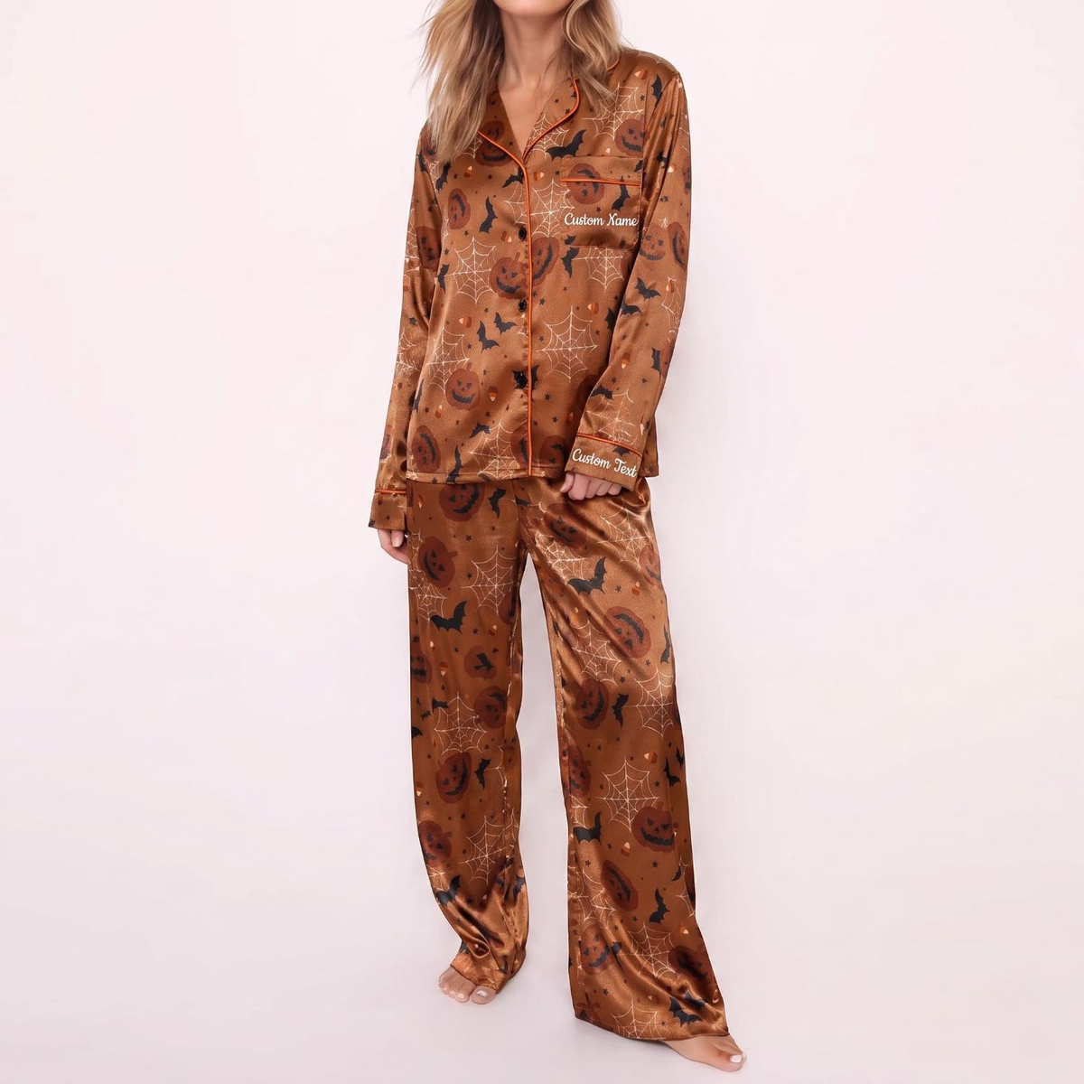 Spooky Pumpkin Satin Pajamas Embroidery