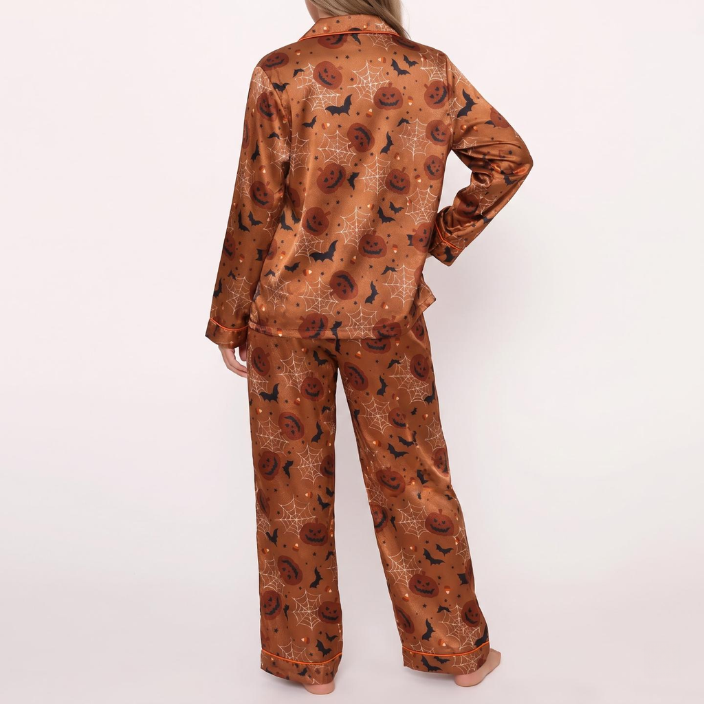 Spooky Pumpkin Satin Pajamas Embroidery